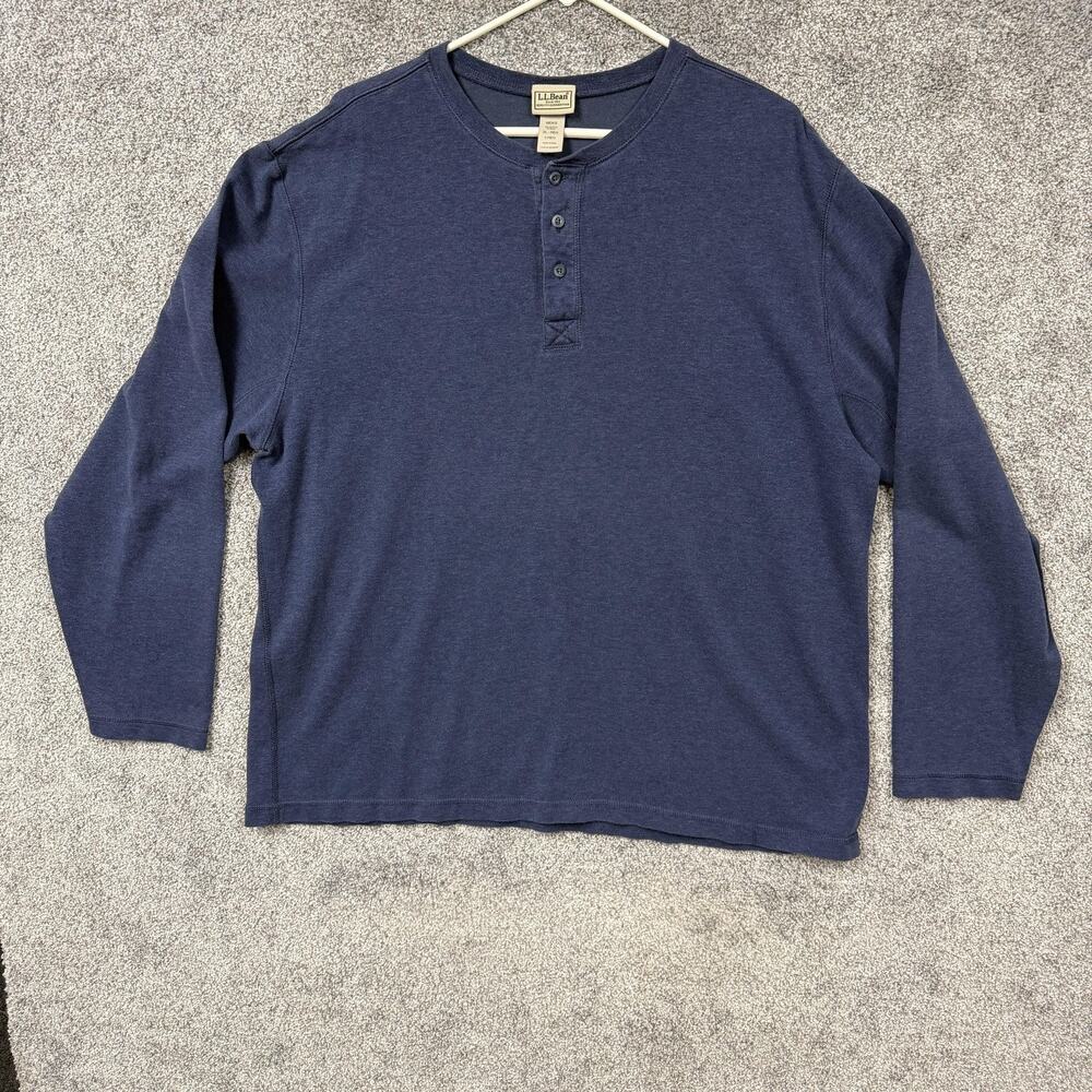 LL Bean Shirt Mens XL Blue Henley Cotton Wool Cabincore Outdoorsy Long Sleeve